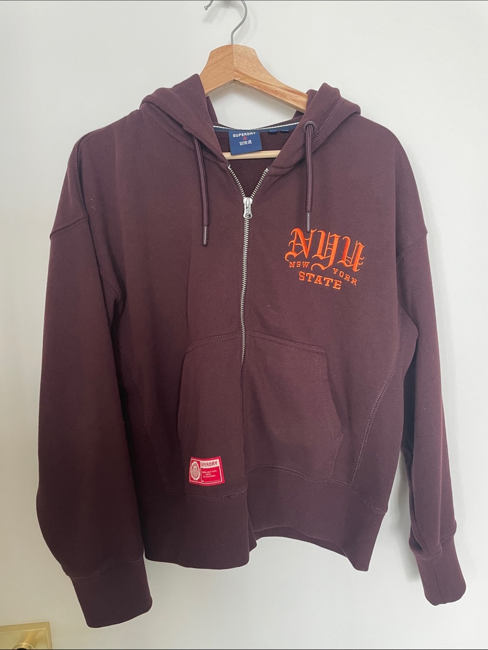 Superdry Maroon Cropped Hoodie with Navy Tag Detail